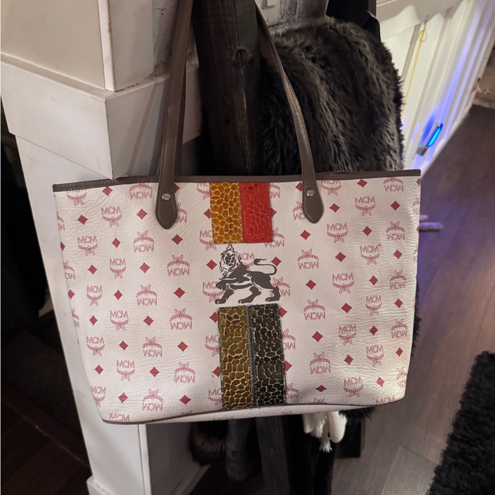 MCM White Tote with Brown and Multicolor Stripes